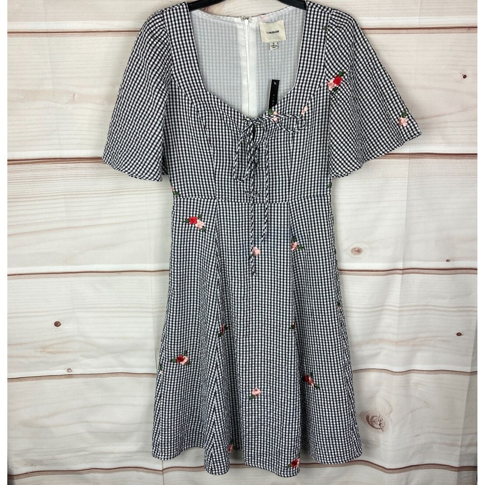 I. Madeline Dress Womens Small Gingham Flutter Sleeve Floral Embroidered A-Line